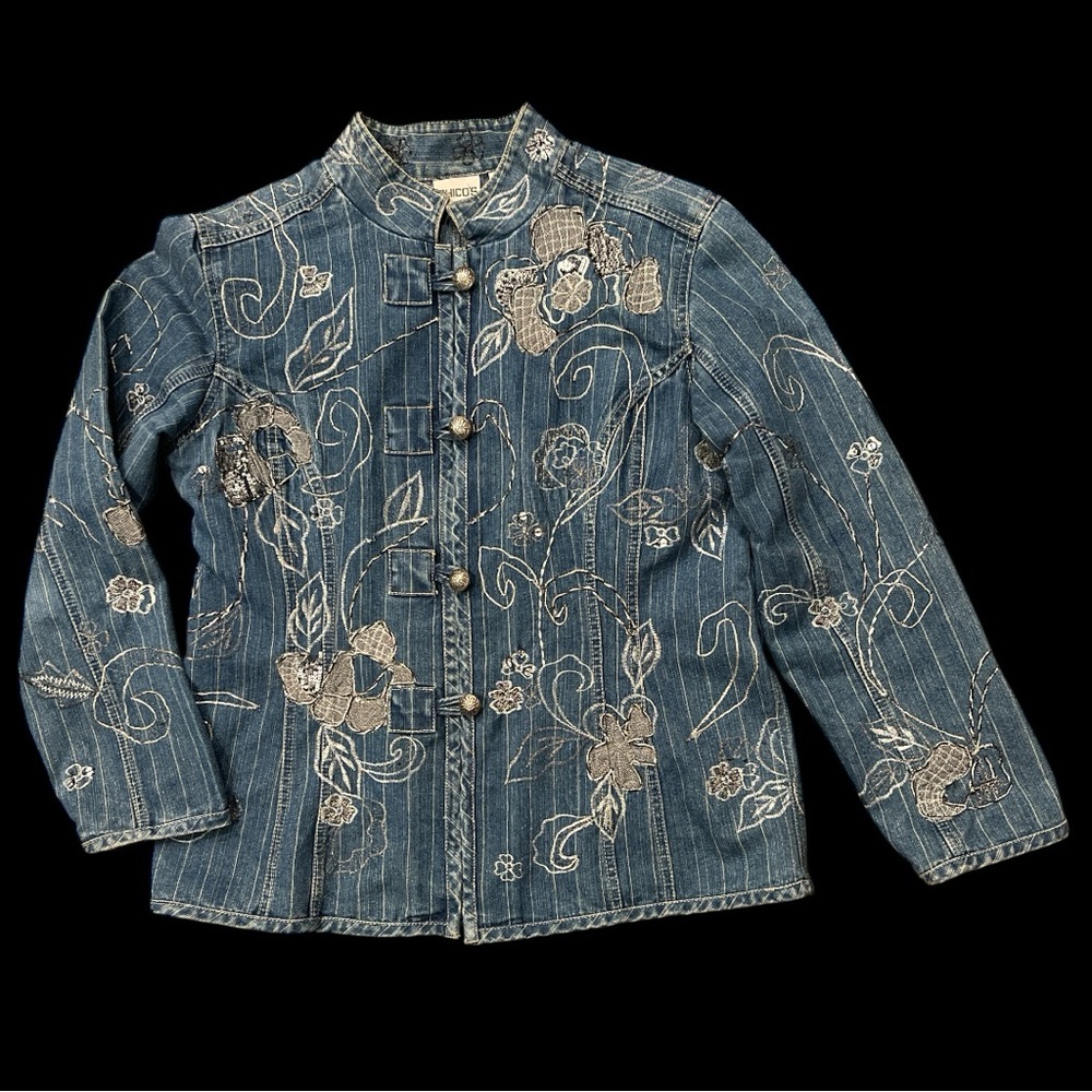 Chico’s Vintage 90s Denim Mandarin Frog Button Jacket Floral Embroidered Medium